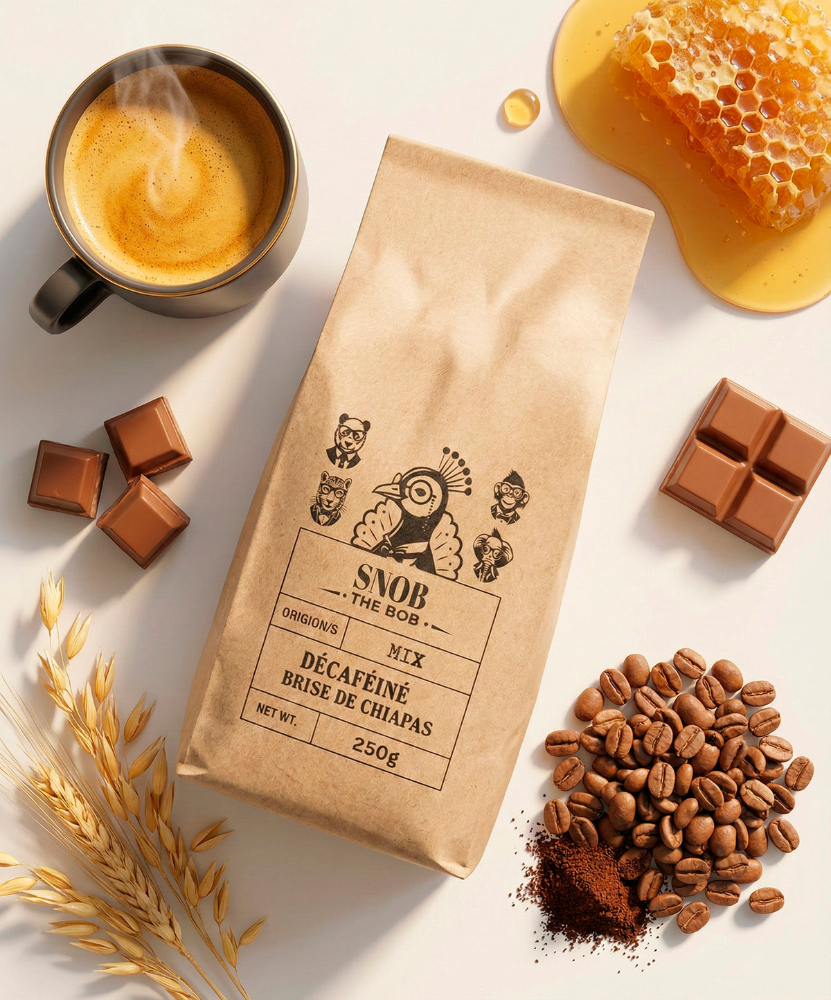 Grains de café de spécialité bio décafeiné torréfiés par Snob the Bob