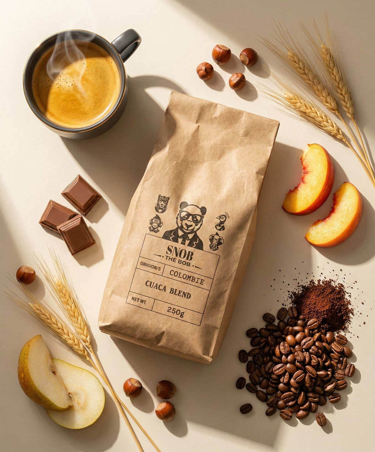 Sachet de café en grains Snob the Bob et grains fraîchement torréfiés